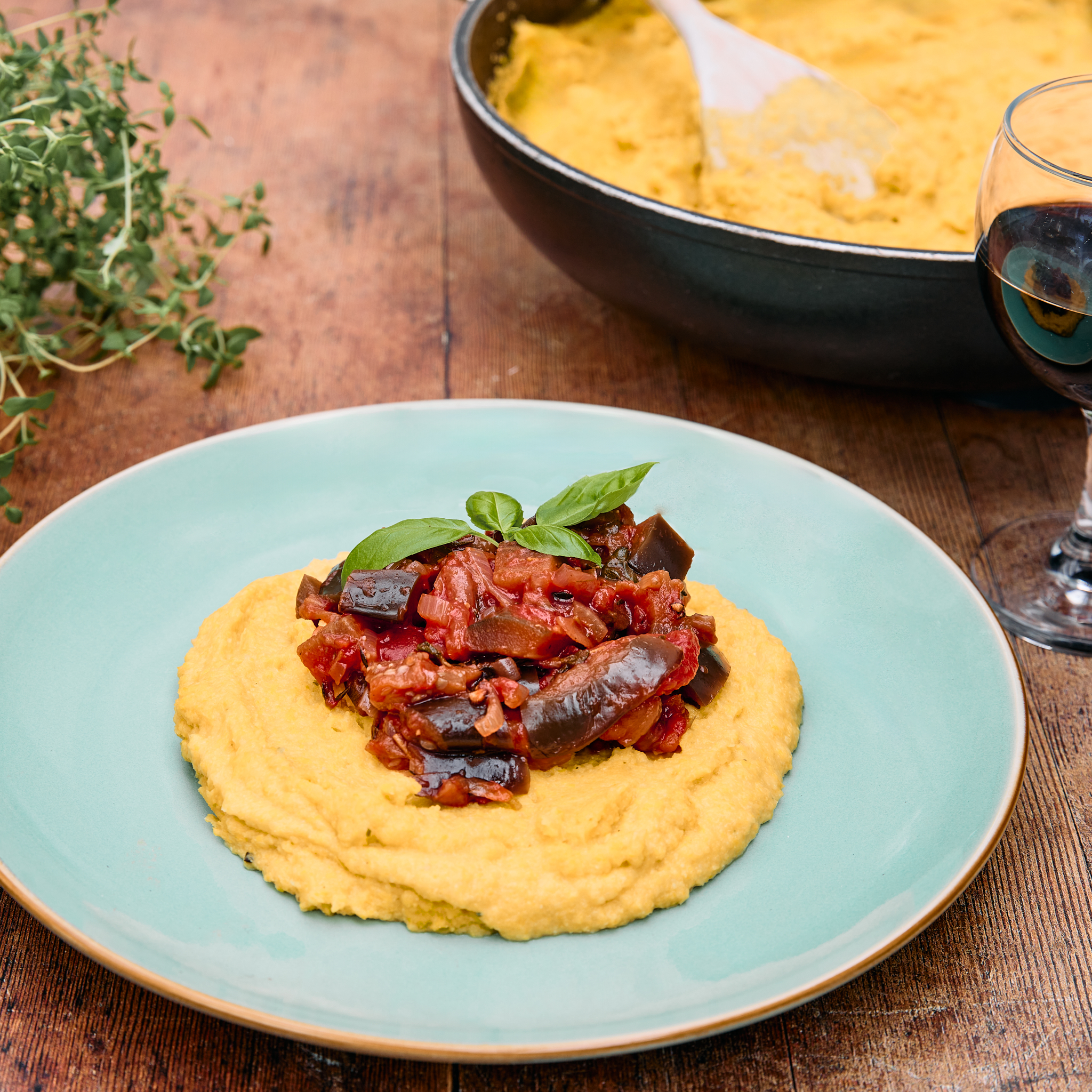 Chickpea & sweetcorn polenta with aubergine Ragu 1