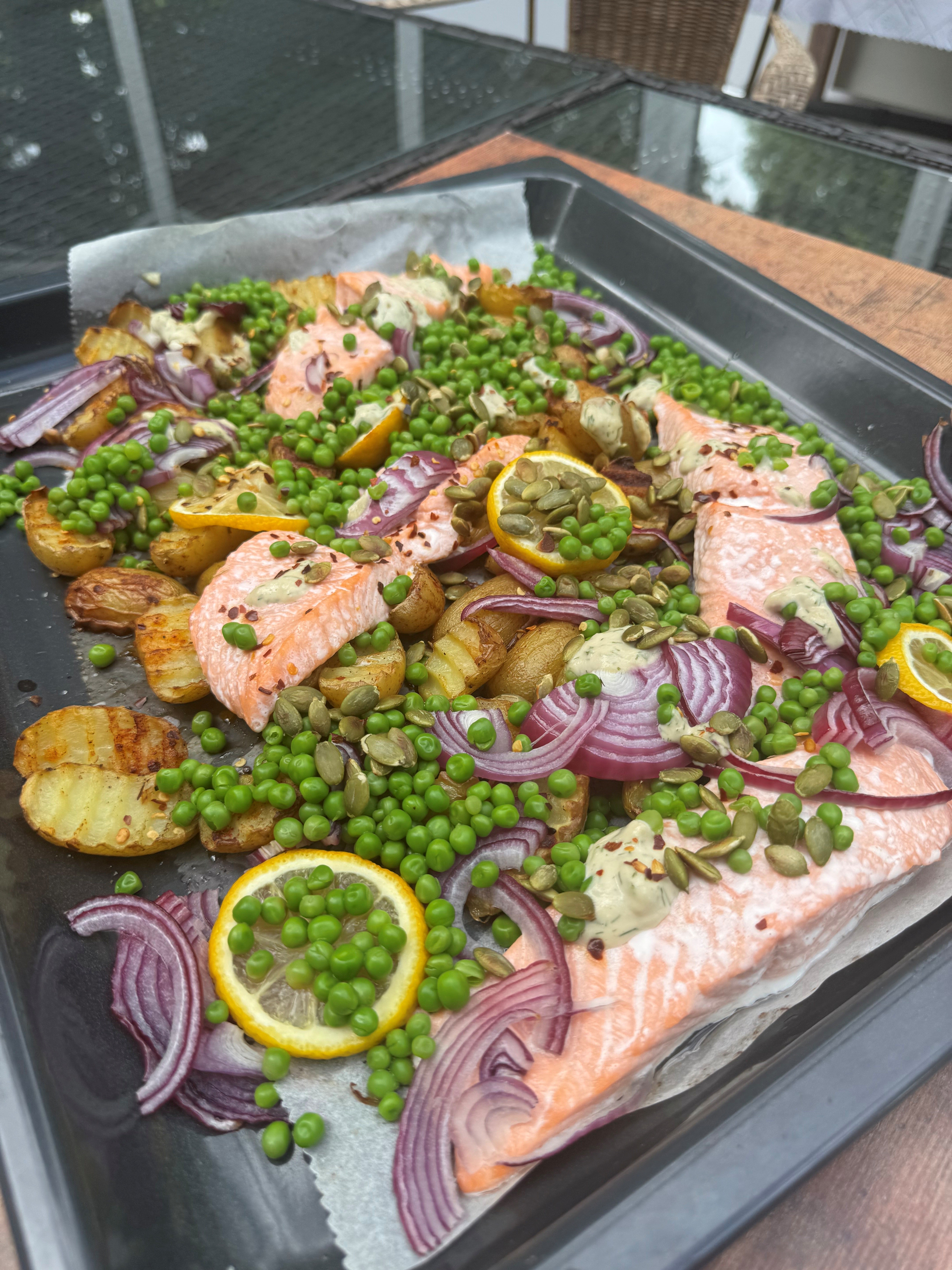 Salmon tray bake With Tahini dressing